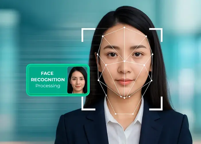 Una mujer está sentada en un escritorio usando una computadora portátil, con una interfaz digital translúcida que muestra un gráfico de reconocimiento facial frente a ella.